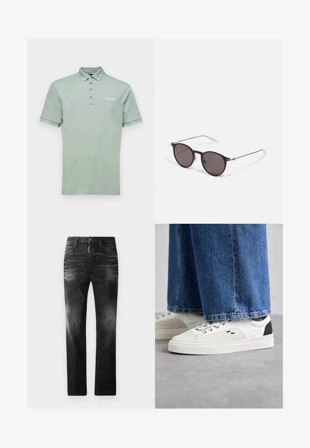 Armani Exchange Piké - green milieu; Svarta denimjeans med rak passform. Har blekta områden, mindre slitningar, klassisk femficksdesign och knäppning med knapp.; Vita och svarta sneakers med en slät läderöverdel, texturerade detaljer och en kraftig vit sula. Har en klassisk snörningsdesign.; Svarta runda solglasögon med mörka linser och smala metallarmar. Inkluderar klara tempeltips och silverdetaljer vid gångjärnet. Minimalistisk design.
