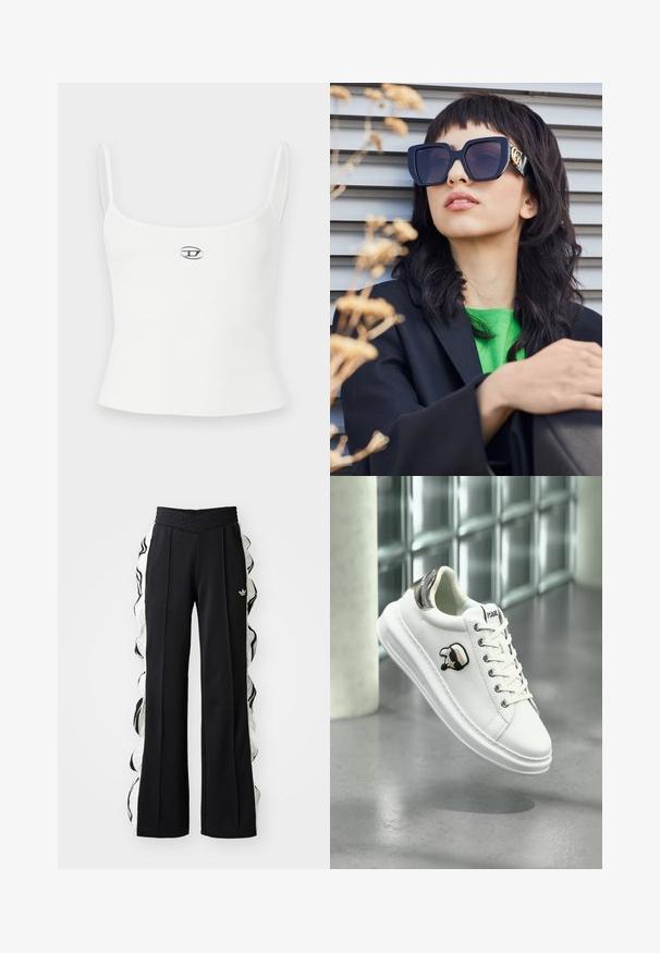 Biały prążkowany top na ramiączkach z cienkimi paskami i dopasowanym krojem. Na środku znajduje się małe, okrągłe logo. Gładka tekstura, minimalistyczny styl.; Czarne spodnie sportowe z teksturowanym paskiem w talii, z białymi panelami bocznymi i falbaniastymi detalami, oraz haftowanym logo z przodu.; Białe sneakersy Karl Lagerfeld z sznurowanym przodem, czarną i beżową naszywką z logo oraz metaliczną srebrną pętelką na pięcie, unoszące się nad szarym podłożem.; Przesadnie duże czarne okulary przeciwsłoneczne z grubą oprawką i złotym akcentem, noszone z czarną marynarką i jasnoróżową koszulą, na poziomym tle.