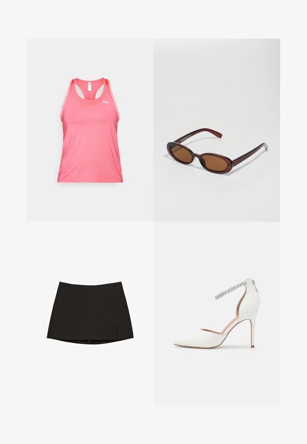 Rosarandig sporttank topp i ett smidigt, lätt tyg. Har en racerback-design med kontrasterande vit logotyp och kantdetaljer.; Svart minikjol i slätt tyg, med rak design, sidospjäll och ren fåll. Enkel och mångsidig.; Vita högklackad sko med spetsig tådesign, lädermaterial, justerbar vristrem prydd med strass och en smal stilettklack.; Runda, bruntonade solglasögon med en glansig bordeauxfärgad ram. Smala bågar med subtilt varumärkesdetalj. Platt linsdesign.