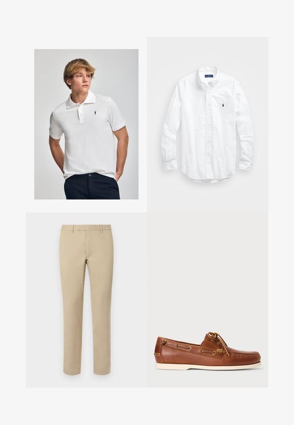 Weißes Poloshirt aus Baumwolle, mit klassischem Kragen, drei Knöpfen und einem kleinen schwarzen Logo auf der Brust.; Weißes Langarm-Hemd aus Baumwolle mit Knopfleiste. Es zeichnet sich durch einen klassischen Kragen, Knopfmanschetten und ein kleines, navyblaues gesticktes Logo auf der Brust aus.; Beige Baumwollhosen mit geradem Schnitt, ausgestattet mit Gürtelschlaufen, einer flachen Vorderseite und maßgeschneiderten Säumen. Glatte Textur und minimale Details.; Braune Lederbootsschuhe mit Schnürung, goldenen Ösen und cremefarbener Gummisohle. Mit einem erhöhten Steppmuster an der Zehe gestaltet.