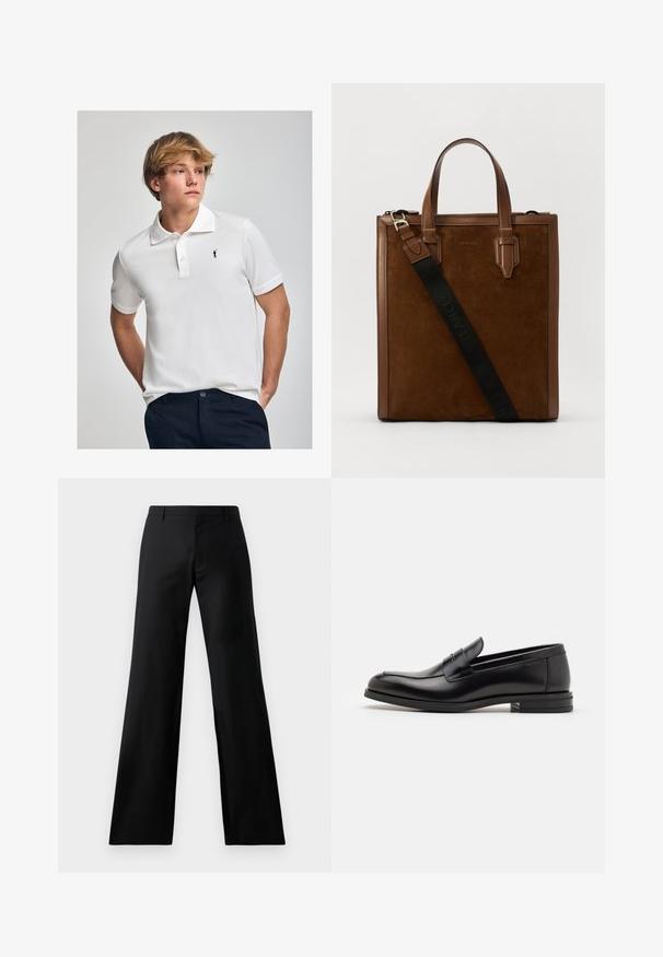 Biała koszulka polo z bawełny, z klasycznym kołnierzykiem, trzema guzikami przy zapięciu oraz małym czarnym logo na piersi.; Czarne szerokie spodnie wykonane z gładkiego materiału. Posiadają średnio osadzony pas i fałdy z przodu, co zapewnia dopasowany krój.; Czarne skórzane mokasyny o gładkiej fakturze, zaokrąglonym nosku i dekoracyjnym pasku na przodzie. Niski, warstwowy obcas, minimalistyczny design.; Brązowa torba typu tote wykonana z zamszu i skóry, z dwiema górnymi rączkami oraz regulowanym paskiem, z czarnym logo na pasku i gładkim wykończeniem.