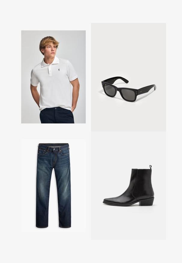 Biała koszulka polo z bawełny, z klasycznym kołnierzykiem, trzema guzikami przy zapięciu oraz małym czarnym logo na piersi.; Ciemnoniebieskie dżinsy z lekkim wyblaknięciem na udach, pięć kieszeni, zapięcie na guzik oraz widoczne pomarańczowe przeszycia na białym tle.; Zign - Botki kowbojki i motocyklowe; Czarne okulary przeciwsłoneczne o kwadratowej oprawie, z ciemnymi soczewkami. Udekorowane drobnymi złotymi kropkami oraz złotym logo na zauszniku. Gładka faktura.
