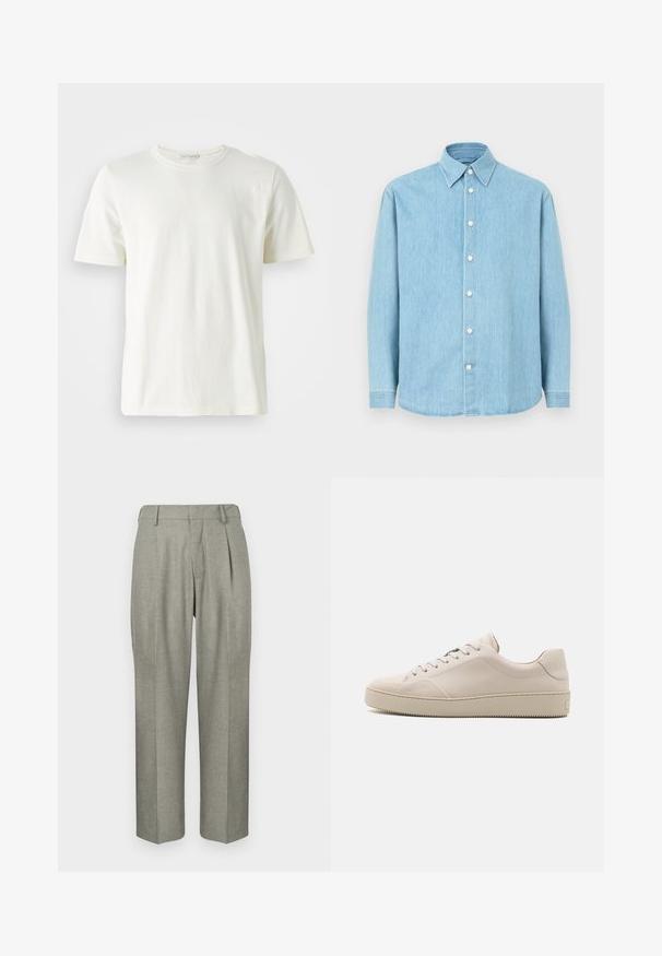 Šviesiai kreminė medvilninė marškinėlė su apvalia iškirpte ir trumpomis rankovėmis. Lygus paviršius, paprastas dizainas ir laisvas kirpimas. Be raštų ar akcentų.; Šviesiai mėlynas džinsinis marškinių ilgomis rankovėmis modelis su smailiu apykakle ir baltais sagomis, pavaizduotas prieš paprastą foną.; Šviesiai pilki kelnių iš tekstūruotos medžiagos. Turi tiesią kojų iškirptę, raukšles priekyje ir plokščią juosmenį.; Kreminės odinės sportbačiai su lygiu paviršiumi, apvaliu priekiu, plokščiu padu ir klasikiniu raištelių užsegimu. Diskretiški siuvinėjimo akcentai ir tekstūruotas padas.