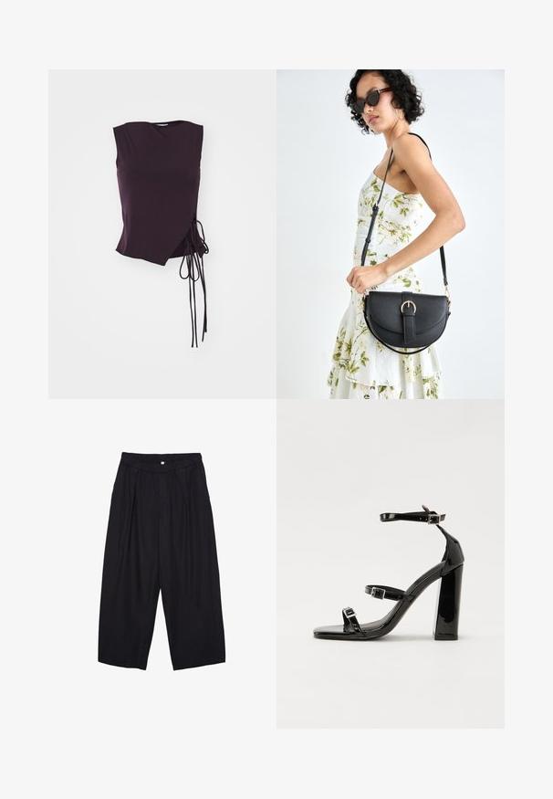 Asymmetrische mouwloze top van donkerpaars stof, met een zijstrikdetail en een gladde textuur met een hoekige halslijn.; Zwarte polyester culottes met een elastische tailleband, twee voorkreukels en een losse pasvorm. Geen zichtbare patronen of hardware-details.; Zwarte gepatenteerde sandalen met hak en een vierkante neus, enkelbandjes en zilveren gespen. Heeft een stevige blokhak voor stabiliteit.; Zwarte leren handtas met een gebogen vorm, afneembare schouderband en gouden hardware. De tas heeft een klep met een gespsluiting.