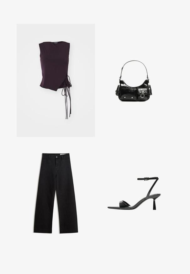 Asimetrična bezrukavna majica od tamnoljubičastog platna, s detaljem vezanja sa strane i glatkom teksturom te kutnim dekolteom.; Crne široke traperice s visokim strukom, s prednjim i stražnjim džepovima, šivenim šavovima i kopčanjem na gumb. Glatka tekstura.; Bershka Sandale s visokom petom - black; Crna patentna kožna torba s zakrivljenim oblikom, jednim remenom za rame, prednjim džepovima i akcentima od srebrnog tona.