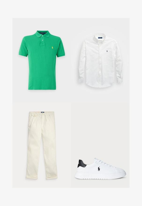 Polo Ralph Lauren THE ICONIC MESH POLO SHIRT - Poloskjorter - golf green; Hvit skjorte med knapper laget av bomull. Har spiss krage, lange ermer og en liten marineblå logo på brystet. Glatt tekstur.; Kremfargede kordfløyelsbukser med folder, sidelommer, knapplomme med klaff og brettede mansjetter, lagt flatt på hvit bakgrunn.; Hvit lavt beskåret sneaker med svart hælflik og svart Polo Ralph Lauren-logo på siden, med hvite lisser og tykk gummisåle.