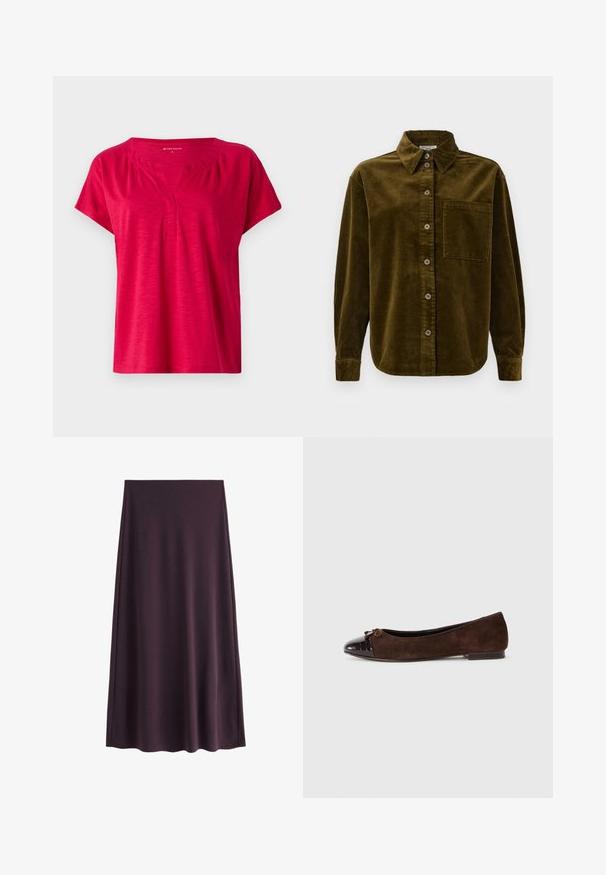 Rød kortærmet top med V-udskæring og let drapering ved skuldrene. Fremstillet af blødt, struktureret stof med en afslappet pasform.; Kordtrøje i mørk olivengrøn med krave, forreste knapper og en lomme på venstre bryst. Struktureret med lodrette striber.; Lilla nederdel lavet af glat stof, med en A-formet silhuet og en længde til knæene, uden synlige mønstre eller lukninger.; Brune ruskindsballettsko med en blankt mørkebrun patenteret lædertås og en lille sløjfeaccent foran. Flad hæl.
