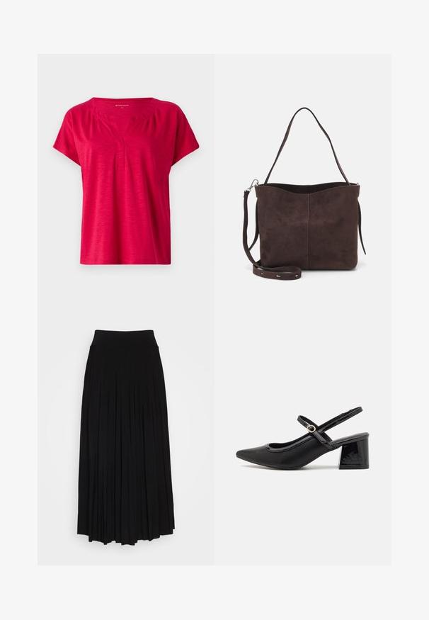 Punane lühikeste varrukatega topp V-kaelusega ja õrnade kogumispaeltega õlgadel. Valmistatud pehmest, tekstuurilisest kangast, millel on lõdvestatud istuvus.; Must mustriga seelik kõrge ja veniva vöökohaga. Valmistatud pehmest kangast, millel on vertikaalsed volangid voolava silueti saavutamiseks.; Mustad läikivad nahast slingback-kõrged kontsad, millel on terav nina, ümar lõikekujundus ja blokknina. Omab kuldset nupu aktsenti.; Pruun nubukist kott pehme tekstuuriga, millel on üks õlavarre rihm ja peene kumer ülemine ava. Nähtavaid metallosi pole.