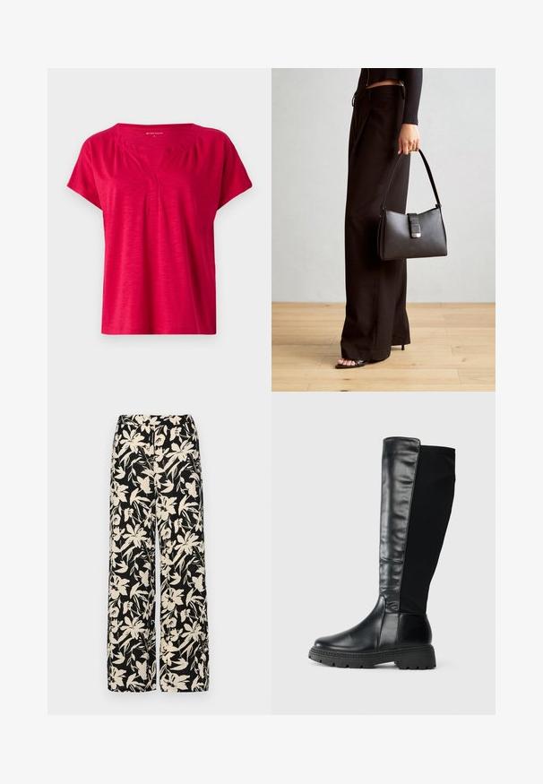 Haut rouge à manches courtes avec décolleté en V et légère gatherie aux épaules. Fait d'un tissu doux et texturé avec une coupe décontractée.; Pantalon large noir avec un motif floral crème. Fabriqué en tissu léger, il présente une texture lisse et une taille haute.; Bottes noires montantes en cuir lisse à l'avant et en tissu à l'arrière, avec une semelle en caoutchouc texturé et un bout arrondi.; Sac à main noir à la forme structurée, texture lisse et fermoir métallique. Associé à un pantalon noir ample et des sandales ouvertes sur un sol en bois.