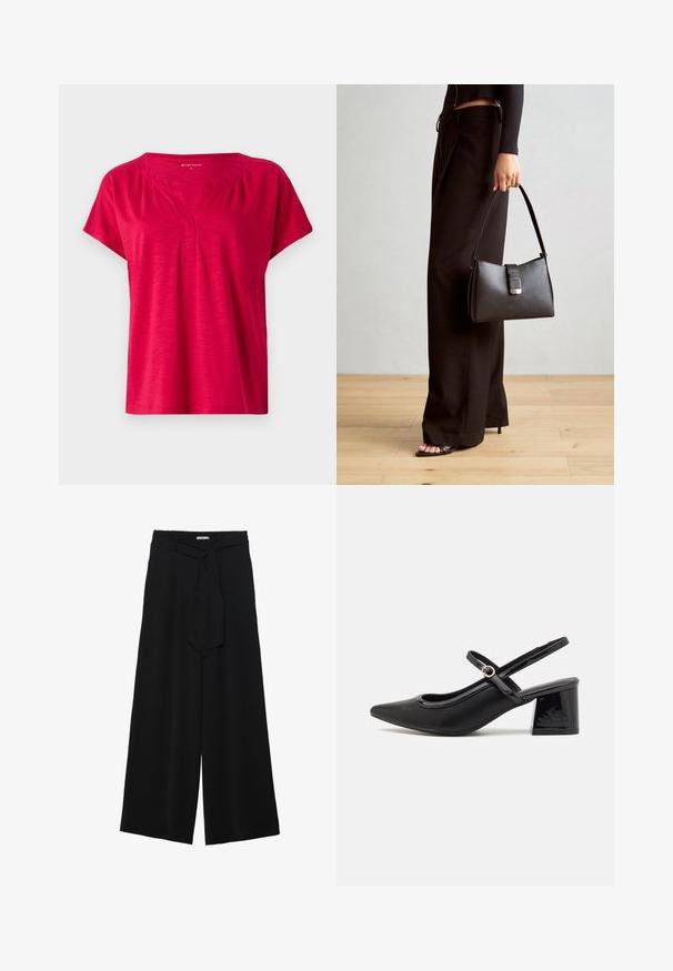 Rode top met korte mouwen, een V-halslijn en een lichte rimpeling bij de schouders. Gemaakt van zachte, gestructureerde stof met een ontspannen pasvorm.; Zwarte wijde broek van textuurstof, met een elastische tailleband en een afneembare sjaalstrik in de taille voor een verstelbare pasvorm.; Zwarte gepolijste leren slingback hakken met een spitse neus, een ronde uitsnede en een blokhak. Voorzien van een gouden gespaccent.; Zwarte handtas met gestructureerde vorm, gladde textuur en een metalen sluiting. Gecombineerd met brede zwarte broeken en sandalen met open teen op een houten vloer.