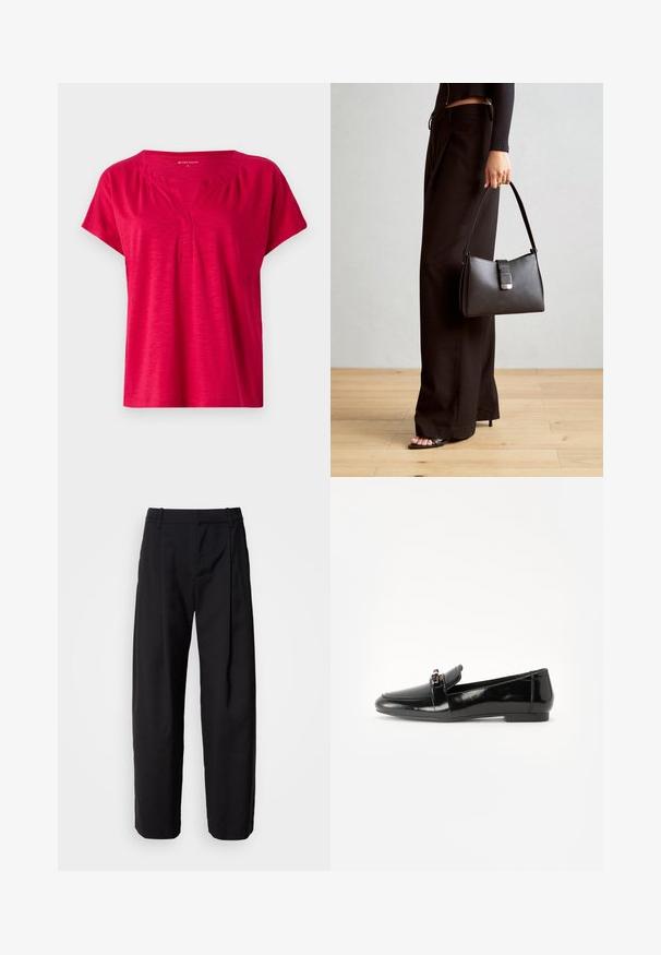 Red short-sleeve top with a V-neckline and slight gathering at the shoulders. Made of soft, textured fabric with a relaxed fit.; Black trousers with a relaxed fit, pleated front, and belt loops. Smooth fabric and straight legs, featuring side pockets.; Black patent leather loafer with a flat sole, rounded toe, and a decorative strap featuring a gold-tone accent. Smooth, shiny finish.; Black handbag with structured shape, smooth texture, and a metallic clasp. Paired with wide black pants and open-toe sandals on wooden floor.