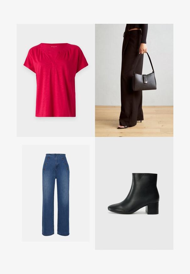 Top scurt roșu cu mâneci scurte, de tip V și ușor strâns la umeri. Fabricat dintr-un material moale, texturat, cu o croială lejeră.; Jeans din denim cu talie înaltă, de culoare albastru mediu. Prezintă accente cu buton în față și un design cu picioare late. Materialul are o textură netedă, cu o ușoară decolorare.; Cizme negre din piele până la gleznă, cu vârf ascuțit și toc robust. Textură netedă, cu accente minime și un design elegant, ajustat.; Genți negre cu o formă structurată, textură netedă și un închizător metalic. Asortată cu pantaloni negri largi și sandale cu vârf deschis pe un podea din lemn.