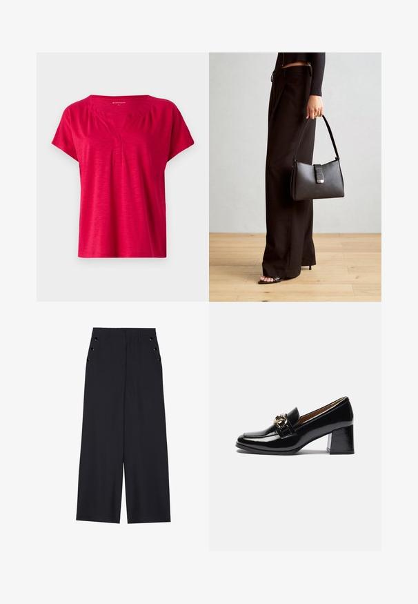 Top rosso a maniche corte con scollatura a V e leggeri arricciamenti sulle spalle. Realizzato in tessuto morbido e testurizzato con una vestibilità rilassata.; Pantaloni a gamba larga in tessuto blu scuro, con una superficie liscia, pieghe frontali e occhielli decorativi in tono oro sui taschini laterali.; Mocassini neri in vernice con tacco, caratterizzati da una punta arrotondata, un tacco più robusto e un'imbellitura in metallo dorato sulla fascia anteriore.; Borsa nera con forma strutturata, texture liscia e una chiusura metallica. Abbinata a pantaloni neri larghi e sandali open-toe su un pavimento in legno.
