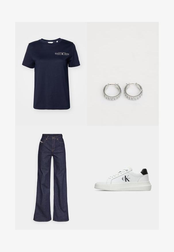 Ναυτικό μπλε βαμβακερό T-shirt με κοντά μανίκια, στρογγυλή λαιμόκοψη και εκτυπωμένο λογότυπο που απεικονίζει το "GANT 1949" στο αριστερό στήθος. Λείος υφάσματος.; Σκούρο μπλε παντελόνι τύπου wide-leg από τζιν ύφασμα με ψηλή μέση, διακοσμημένο με πορτοκαλί ραφές, πέντε τσέπες και κουμπωτή κλείσιμο.; Λευκό αθλητικό παπούτσι χαμηλού προφίλ με μαύρη ταμπέλα στη φτέρνα, πλατφόρμα, κορδόνια και λογότυπο "CK" της Calvin Klein στο πλάι.; Ασημένια σκουλαρίκια κρίκοι με υφή που διαθέτει κατακόρυφες ραβδώσεις. Κυκλικός σχηματισμός με ασφαλές κλείσιμο. Λείος φινίρισμα.
