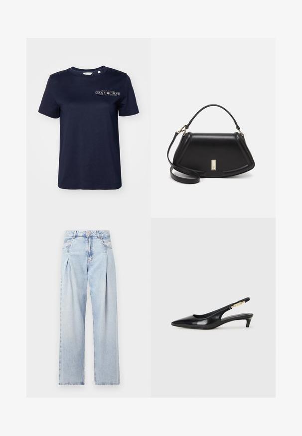Marineblå bomulls T-skjorte med korte ermer, rund hals og et trykket logo som har "GANT 1949" på venstre bryst. Jevn tekstur.; Lyseblå denimjeans med høy livlinje, vide ben, to sidelommer og plisserte detaljer. Myk tekstur med en falmet finish.; Sorte lærreim hæler med spiss tå, som har en slank hæl og en gullfarget detalj på den justerbare stroppen. Glatt tekstur.; Sort lærveske med en strukturert design, som har en avkortet form, topphåndtak og detaljer i gull. Justerbar skulderstropp inkludert.