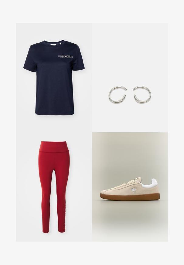 Marinblå bomullströja med kort ärm, rund hals och en tryckt logotyp med "GANT 1949" på vänster bröst. Slät textur.; Röda högmidjade leggings i hel längd med synlig söm på sidan och del av vit logotyp på nedre högra benet mot vit bakgrund.; Beige mocka sneakers med vita detaljer och gummisula. Har en upphöjd logotyp på sidan och kontrasterande beige snören. Klassisk design.; Silver ringörhängen med en slät, rund design och en elegant, polerad yta. Har en minimalistisk form med en liten öppning.