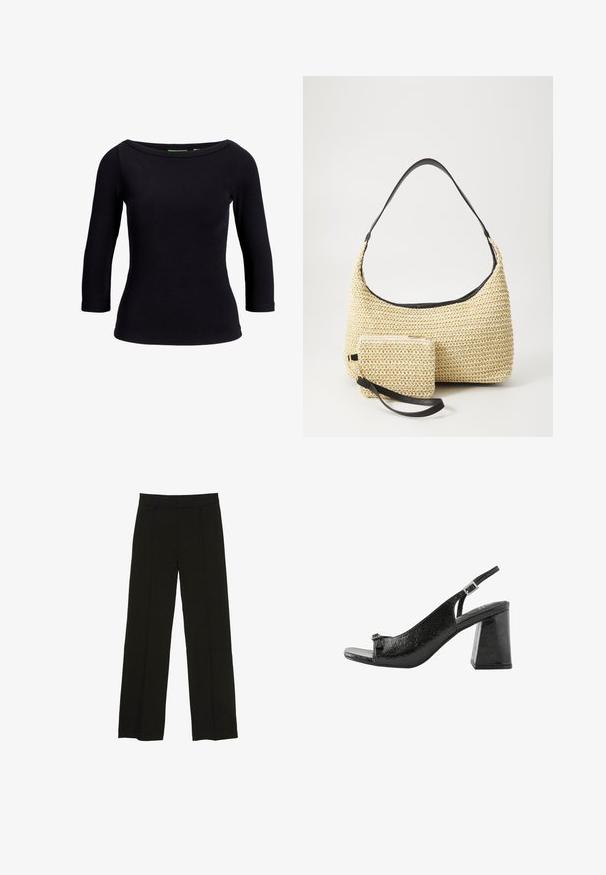 Top negru cu textura ribbed, cu decolteu tip boat și mâneci trei sferturi, realizat dintr-un material elastic, având un design ajustat și o textură fină.; Pantaloni largi negri, confecționați dintr-un material fin, cu un talie ajustată și pliuri frontale subtile pentru un plus de textură.; Next Sandale - black; Geantă din paie țesută, cu o siluetă curbată, având o curea din piele neagră netedă și un plic mic asortat, atașat printr-un breloc pentru încheietură.