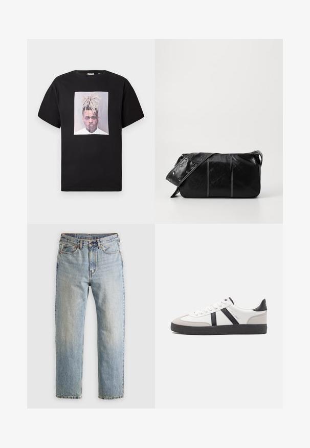 Tricou din bumbac negru cu gât rotund, având un print mare pe față cu un portret într-un cadru pătrat. Mâneci scurte, croială lejeră.; Jeans din denim de culoare albastru deschis, cu talie înaltă, nasture frontal, fermoar și design cu cinci buzunare, așezate platesc pe un fundal neutru.; Sneaker alb cu accente negre și gri, având un capac de vârf gri texturat, talpă din cauciuc negru și șireturi plate albe. Design elegant, stil minimalist.; Geantă de umăr din piele neagră cu închidere cu fermoar, având un corp texturat, cusături albe și o curea cu ochiuri argintii.