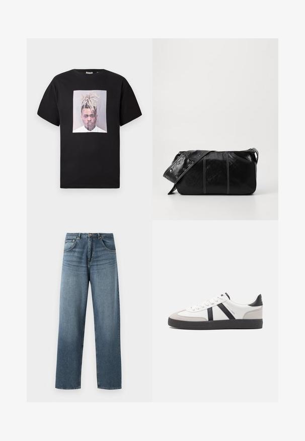 Black cotton t-shirt with a crew neck, featuring a large front print of a portrait in a square frame. Short sleeves, relaxed fit.; Straight-leg blue denim jeans with a faded wash, featuring five-pocket design, metal button, and belt loops. Structured, medium-weight fabric.; White sneaker with black and gray accents, featuring a textured gray toe cap, black rubber sole, and flat white laces. Clean design, minimalist style.; Black leather shoulder bag with a zip closure, featuring a textured body, white stitching, and a strap with silver grommets.