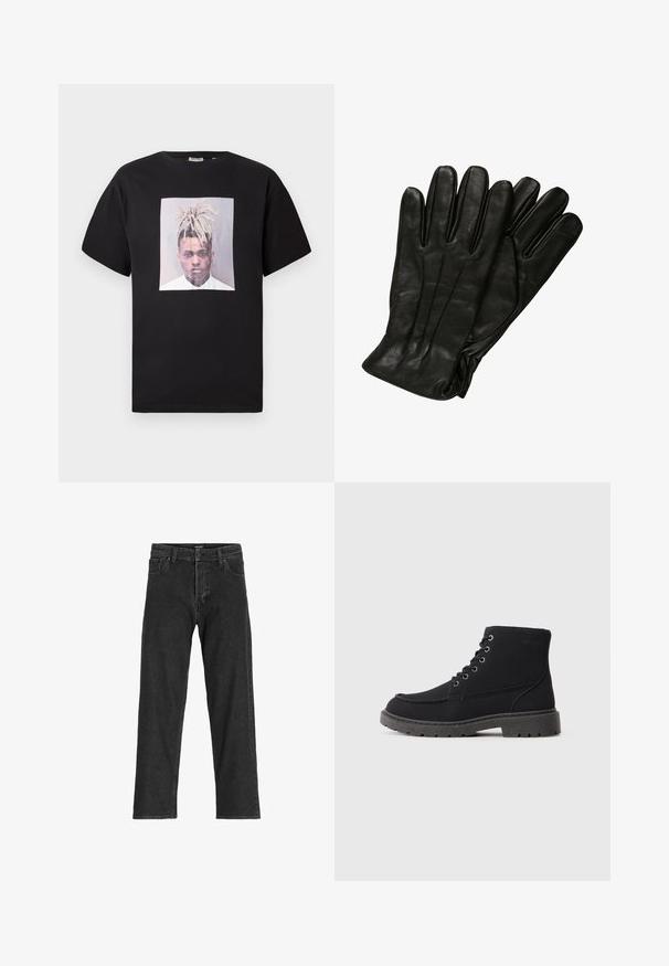 Schwarzes Baumwoll-T-Shirt mit Rundhalsausschnitt, mit einem großen Frontdruck eines Porträts in einem quadratischen Rahmen. Kurze Ärmel, lockere Passform.; Schwarze Jeans aus Denim mit geradem Bein, ausgestattet mit einem Reißverschluss, Gürtelschlaufen und sechs Taschen, gefertigt aus einem robusten Baumwollmischgewebe.; Schwarze Knöchelstiefel aus strukturiertem Material mit flacher Sohle, runder Zehenform und Schnürung mit sechs Ösen. Verstärkte Nähte entlang des Randes.; Schwarze Lederhandschuhe mit glatter Textur, fünf Fingern und dezenten Nähdetails. Klassisches Design, geeignet für den Einsatz bei kaltem Wetter.