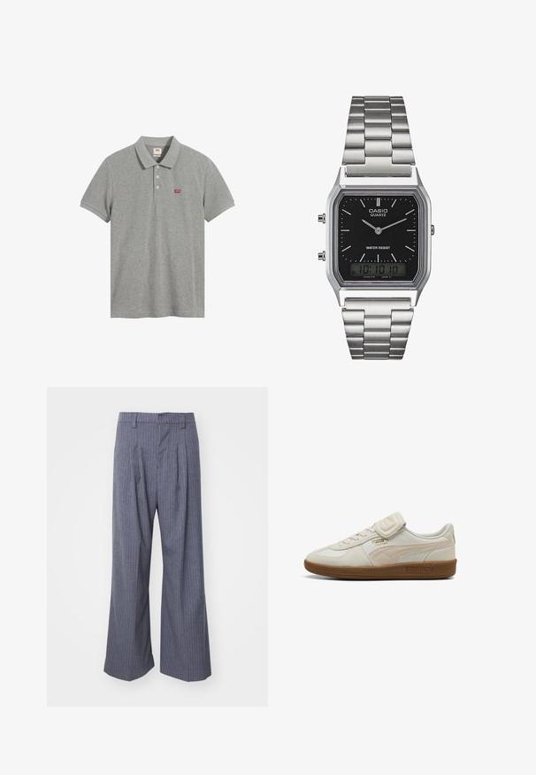 Grijze polo shirt van katoen, met een klassieke kraag, drie knopen en een rood logo op de linkerborst. Korte mouwen met een ontspannen pasvorm.; Grijze gestreepte broek met een wijde pijpdesign, voorzien van plooien aan de voorkant en een gladde textuur. Geen zichtbare hardware of accenten.; Witte leren sneaker met textuuraccenten, rubberen zool en gouden logo-detail. Beschikt over veters en een klittenbandsluiting.; Zilveren roestvrijstalen quartzhorloge met een zwart rechthoekig uurwerk, voorzien van analoge wijzers, digitale weergave en het label voor waterbestendigheid.