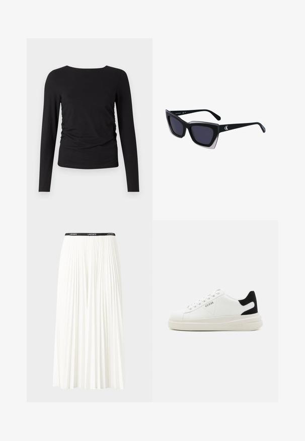 Svart langermet topp laget av myk stoff, med rund hals og samlet detalj på den ene siden for ekstra tekstur.; Plissert hvit skjørt med en svart elastisk midje som har "LACOSTE"-logoen. Midjelengde design med myk tekstur.; Hvite lær sneakers med tykk hvit såle, svart semsket hælforsterkning og preget logo på siden. Snøresystem med seks hull.; Store svarte solbriller i overdimensjonert størrelse med geometrisk form, med mørke linser og en kontrasterende grå detalj på rammen. Logo på armen.
