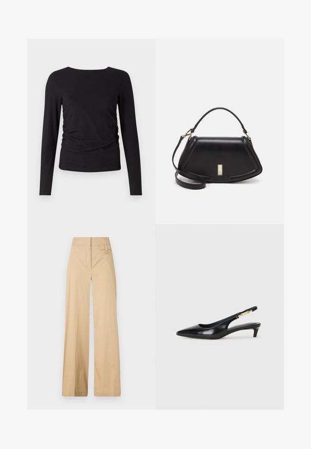 Schwarzes Langarmoberteil aus weichem Material, mit rundem Halsausschnitt und Raffung auf einer Seite für zusätzliche Textur.; Beige weite Hosen aus Baumwollmischgewebe. Sie haben eine glatte Textur, einen elastischen Bund und eine seitliche Knopfdetail.; Schwarze Leder-Slingback-Pumps mit spitzem Schuhblatt, ausgestattet mit einem schlanken Absatz und einem goldfarbigen Akzent am verstellbaren Riemen. Glatte Textur.; Schwarze Lederhandtasche mit einem strukturierten Design, das eine verkürzte Form, einen oberen Griff und goldfarbene Hardware-Details aufweist. Verstellbarer Schulterriemen ist enthalten.