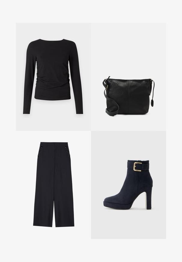 Črni dolg rokav vrh iz mehkega blaga, s krožnim izrezom in nabranim detajlom na eni strani za dodano teksturo.; Široke hlače iz temno modrega materiala, z gladko teksturo, sprednjimi gubami in dekorativnimi zlatimi kopčami na stranskih žepih.; Črne semiš visokotopne gležnjarje z zlatim sponko in debelim peto na enolični beli podlagi.; Črna usnjena torbica čez telo s ravno obliko, z zlatimi kovinskimi dodatki in nastavljivim trakom. Gladka tekstura z minimalnimi šivi.