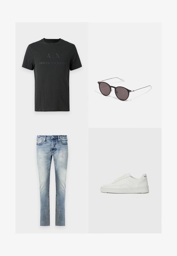 Musta T-paita, joka on valmistettu puuvillasta ja jossa on pyöreä pääntie. Etupuolella on suuri tummanharmaa logo, jossa lukee "A|X ARMANI EXCHANGE".; Vaaleansiniset farkut, joissa on haalistunut pinta, kapealla leikkauksella, viisi taskua ja erottuva ommel saumoissa.; Valkoinen nahkakenkä, jossa on sileä pinta, pyöreä kärki, tasaiset nauhat ja teksturoitu pohja. Sisältää huomaamattoman logon kantapäässä.; Musta pyöreä aurinkolasit tummilla linsseillä ja kapeilla metallikehyksillä. Sisältää kirkkaat temppelet ja hopeiset yksityiskohdat saranassa. Minimalistinen muotoilu.
