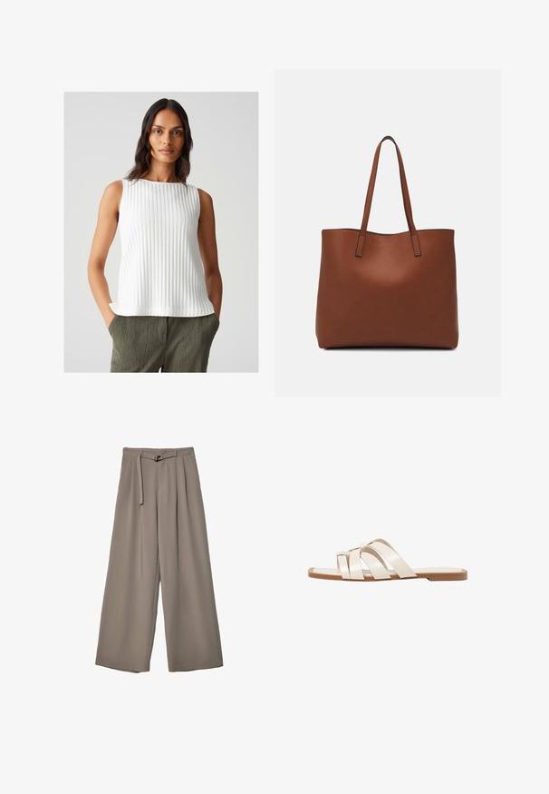 Top bianco a coste senza maniche con scollatura rotonda, orlo leggermente svasato e tessuto texturizzato. Abbinato a pantaloni texturizzati verde oliva.; Pantaloni a gamba larga in un morbido tessuto grigio tenue, con vita con cintura e pieghe per un tocco di design aggiuntivo. Texture liscia, senza motivi.; Infradito con suola in gomma color talpa, progettate con tre cinturini in pelle bianca sovrapposti e un piccolo dettaglio a fiocco al centro.; Borsa tote in pelle marrone con texture liscia, design con apertura superiore e due spallacci. Presenta cuciture minime e nessun hardware visibile.