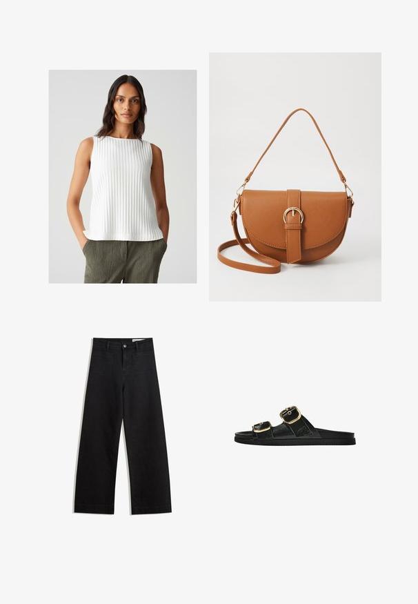 Witte geribbelde tanktop met een ronde halslijn, licht uitlopende zoom en textiel met structuur. Gecombineerd met olijfgroene stoffen broek.; Zwarte denim broek met wijde pijpen en een hoge taille, voorzien van voor- en achterzakken, gestikte naden en een knoopsluiting. Gladde textuur.; Zwarte slipper met twee gouden gesps, gladde textuur, platte zool en een minimalistisch ontwerp.; Bruine leren schoudertas met een gebogen vorm, gouden hardware en een gespaccent. Bevat een afneembare schouderriem.