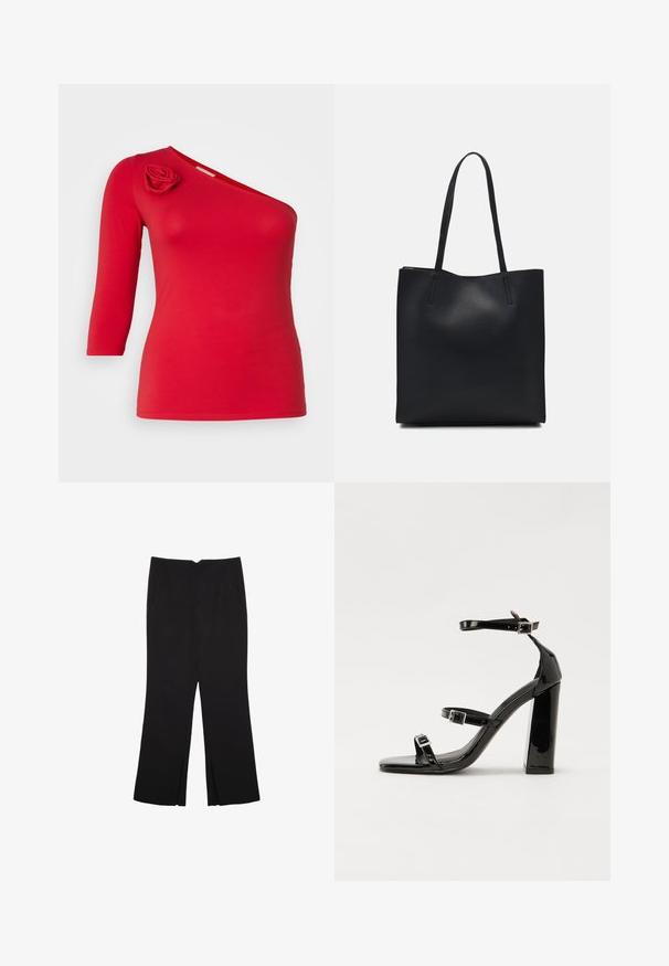 Rdeč top z enim ramenom, izdelan iz mehkega blaga, z cvetlično aplikacijo na rami in rokavi do tri četrtine. Gladka tekstura.; Črne hlače ravnega kroja z naglavnimi žepi in stranskimi razporki na robu. Narejene iz mehke, gladke tkanine. Primerne za različne priložnosti.; Črne lakirane sandale s peto, kvadratnim prstom, trakovi okrog gležnja in srebrnimi zaponkami. Opremljene so s stabilno Debelo peto.; Črna usnjena torba s svilnato teksturo, pravokotne oblike in dvema dolgima ročajema. Brez vidnih metalnih delov ali okrasnih elementov.