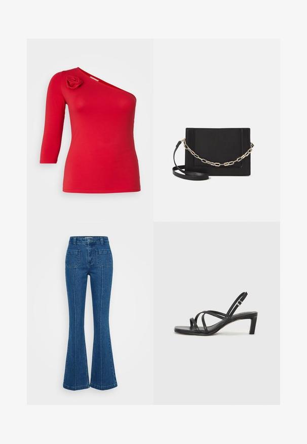 Červený top s jedným ramienkom vyrobený z mäkkej tkaniny, ktorý má kvetinovú aplikáciu na ramene a trojštvrťové rukávy. Hladká textura.; Modré rozšírené džínsy vyrobené z denimu, s vysokým pásom, dvoma zadnými vreckami a výrazným šitím pozdĺž postranných švov.; Čierne sandále na vysokom podpätku so štvorcovou špičkou a nízkym blokovým podpätkom. Obsahujú viacero tenkých popruhov a nastaviteľný členkový popruh. Vyrobené z hladkej kože.; Čierna kožená crossbody taška s hladkou textúrou, obdĺžnikovým tvarom a kovovým reťazovým detailom na prednej strane. Súčasťou je nastaviteľný popruh.