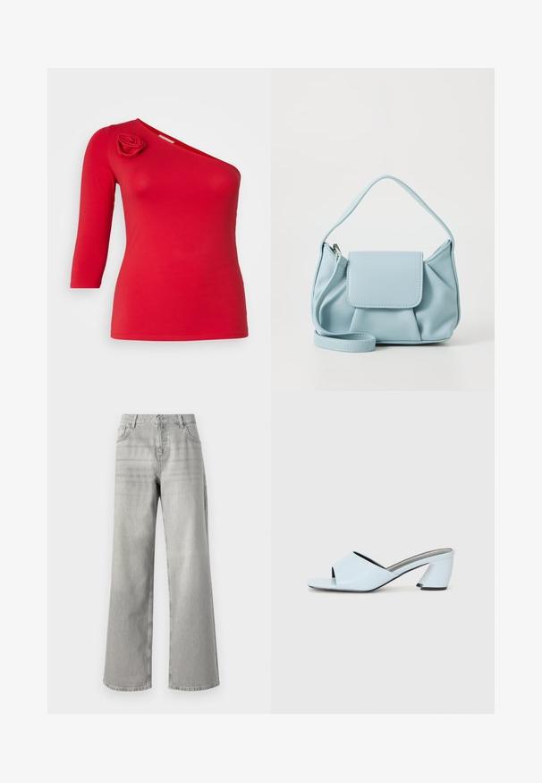 Sarkans, vienas pleca tops, izgatavots no mīkstas auduma, ar ziedu aplikāciju uz pleca un trīs ceturtdaļa piedurknēm. Gluda tekstūra.; Pelēki platādaini džinsi ar augstu jostasvietu, izgatavoti no denima. Iespējo divas priekšējās kabatas un tīru, neizrotātu dizainu.; Gaiši zilas atvērtā purngala papēžu mūlas ar ģeometrisku dizainu, kas ietver platu siksnu pāri pēdai un masīvu, stūrainu papēdi.; Gaiši zila ādas rokassoma ar augšējo rokturi, priekšējo vāku kabatu un noņemamu roku siksniņu uz baltas fona.