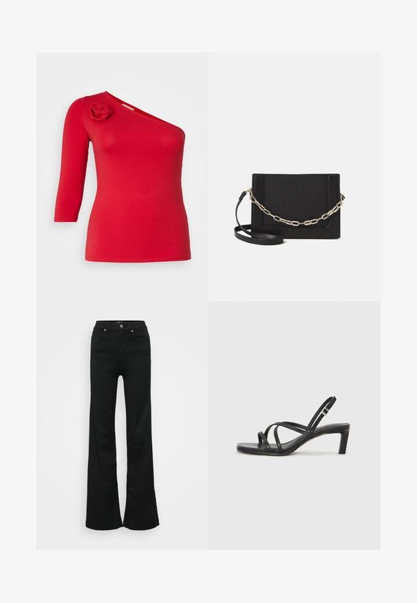 Punainen, yhdelle olalle kuuluva paita, joka on valmistettu pehmeästä kankaasta. Siinä on kukka-applikaatio olkapäällä ja kolme neljäsosapituista hihaa. Sileä pintakuvio.; Mustat levenevät farkut, valmistettu denimmateriaaleista. Korkea vyötärö, viisi taskua ja metallinen napitus. Sileä pinta, jossa on minimaalinen yksityiskohtaisuus.; Mustat hihnalligat, joissa on neliön muotoinen kärki ja matala lohkokorko. Ominaisuuksiin kuuluu useita ohuita hihnoja ja säädettävä nilkkahihna. Valmistettu sileästä nahasta.; Musta nahkainen olkalaukku, jossa on sileä pinta, suorakulmainen muoto ja metalliketju yksityiskohtana edessä. Mukana säädettävä hihna.; Hopeinen kaksinkertainen rengas, jossa on sileä, kiillotettu pinta. Siinä on sulava, kaareva muotoilu, jossa on päällekkäisiä osia modernin ilmeen saavuttamiseksi.