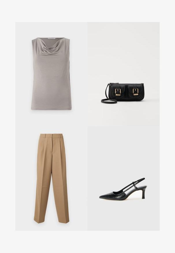 Uten ermer topp laget av glatt grått stoff med drapert halslinje og en tettsittende silhuett, med sidespalter for ekstra komfort.; Beige skræddersyede bukser med høj talje, plisseret front og brede ben. Stof virker glat med en let glans.; Sorte patent slingback hæl med spids tå, featuring tekstureret slangeskind, justerbar rem og en kort, tekstureret blokhæl.; Svart skinn crossbody veske med to frontlommer, gyldne spenner, glidelåslukking og en slank stropp. Teksturert overflate og kompakt rektangulær form.