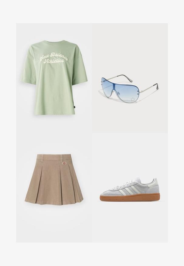 Green cotton t-shirt featuring a curved, cream-colored "New Balance Athletics" logo on the front, with short sleeves and a relaxed fit.; Beige pleated skirt made from a textured fabric. Features a waistband with belt loops and a logo patch on the front left side.; Light grey suede sneaker with white leather accents, three white stripes, and a brown rubber sole, featuring a padded collar for comfort.; Aviator sunglasses featuring a gradient blue lens, silver metal frame, and decorative star accents on the lens. Smooth and sleek design.
