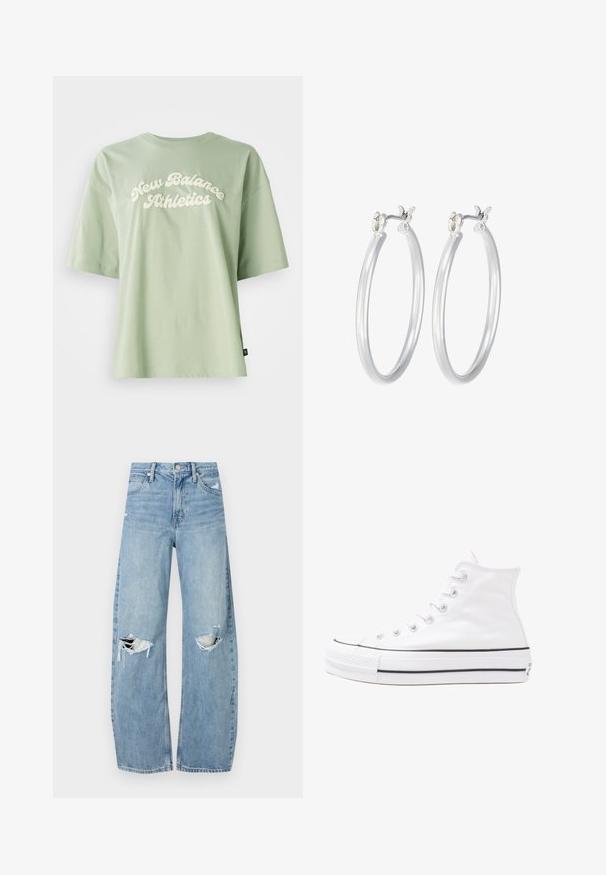 Zaļš kokvilnas T-krekls ar izliekto krēmkrāsas "New Balance Athletics" logo priekšpusē, ar īsām piedurknēm un brīvu piegriezumu.; Gaiši zili, augstās vidukļa džinsi, kas izgatavoti no denima. Iespējas plašas kājas, divas plēstas ceļa daļas un klasiskā piecu kabatu dizains.; Balti augstie kanvas sporta apavi ar melnu gumijas zoli, priekšējo gumijas purngalu un sešām acīm lencēm, kuriem ir tīrs, minimālistisks dizains.; Sudraba riņķveida auss gredzeni ar gludu, pulētu apdari. Apaļa forma un drošs klikšķa augšējais slēgums. Viegls dizains, kas piemērots ikdienas valkāšanai.