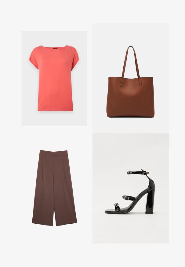 T-shirt corallo a maniche corte con vestibilità comoda, scollatura rotonda e texture liscia. Nessun motivo visibile o dettagli hardware.; Pantaloni ampi marroni con una texture liscia, caratterizzati da una vita alta e pieghe frontali. Il tessuto è leggero e scorre liberamente.; Sandali con tacco in vernice nera, con punta squadrata, cinturini alla caviglia e fibbie in argento. Presentano un tacco a blocco spesso per maggiore stabilità.; Borsa tote in pelle marrone con texture liscia, design con apertura superiore e due spallacci. Presenta cuciture minime e nessun hardware visibile.