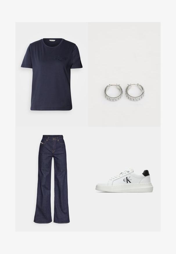 Tengerészkék pamut póló kerek nyakkivágással, rövid ujjakkal, és hímezett logóval a bal mellen. Simább tapintású és laza fazonú.; Sötétkék, bő szárú farmernadrág, magas derékkal, narancssárga varrással, öt zsebes kialakítással és gombos zárással.; Fehér alacsony szárú edzőcipő fekete saroktabbal, platform talppal, fűzőkkel és Calvin Klein "CK" logóval az oldalán.; Ezüst fülbevalók, texturált mintával, függőleges barázdákkal. Kerek forma, biztos záródással. Sima felület.