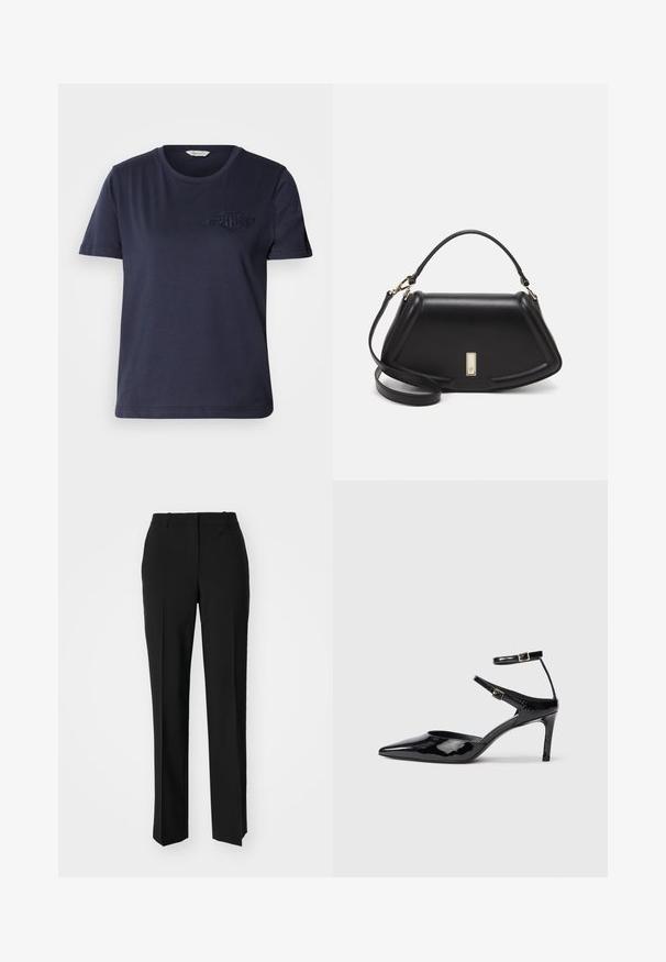 Mørkeblå bomull T-skjorte med rund hals, korte ermer og en brodert logo på venstre bryst. Jevn tekstur og avslappet passform.; Sorte skreddersydde bukser med rett silhuett, med en glatt tekstur og klare pressede bretter foran. Ingen synlig maskinvare.; Sorte lakkede hæle med spids tå, justerbare ankelstropper og en slank hæl. Glat tekstur med en skinnende overflade.; Sort lærveske med en strukturert design, som har en avkortet form, topphåndtak og detaljer i gull. Justerbar skulderstropp inkludert.