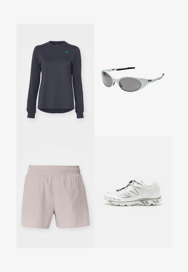 Donkergrijze longsleeve shirt van zacht materiaal, met een ronde hals, geribbelde mouwen en een klein blauw logo accent op de borst.; Lichtbeige korte broek met een elastische tailleband, gladde textuur en eenvoudig ontwerp. Bevat geen zichtbare sluitingen of patronen.; Witte sportieve schoen met een gestructureerde bovenkant, reflecterende accenten en een grijze zool. Kenmerkt zich door geaccentueerde opvallende driehoekige patronen en een snelvetersysteem.; Witte kunststof zonnebril met grote ovale lenzen, grijs getint. Voorzien van zwarte oorsteunen en een klein logo op het montuur. Gladde afwerking.; Salomon ACTIVE SKIN 12 SET UNISEX - Hydratatierugzak - black