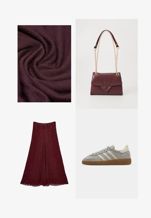 Tejido de punto burdeos con una textura suave, que muestra patrones de tejido intrincados y pliegues que caen. Material blando y ligero.; Larga falda de encaje burdeos con silueta en A y patrón floral semitransparente.; Zapatillas de ante gris con rayas de cuero gris claro y suela de goma. Las características incluyen cierre con cordones y una marca sutil en la lengüeta.; Bolso de piel burdeos con solapa, que cuenta con una cadena dorada y un acento metálico triangular en la parte frontal. Textura suave.