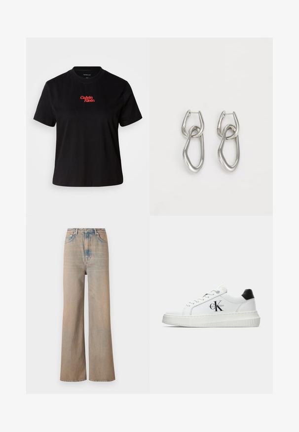Černé bavlněné tričko s kulatým výstřihem a krátkými rukávy. Na hrudi je vyšívané červené logo "Calvin Klein".; Světle modré široké džíny s vysokým pasem, vyrobené z denimu. Mají jemné prošití a pět kapes, s mírně vybledlým vzhledem.; Bílé nízké tenisky s černým patním tabem, platformovou podrážkou, tkaničkami a logem Calvin Klein "CK" na boku.; Calvin Klein STATEMENT LINKS - Náušnice - silver-coloured