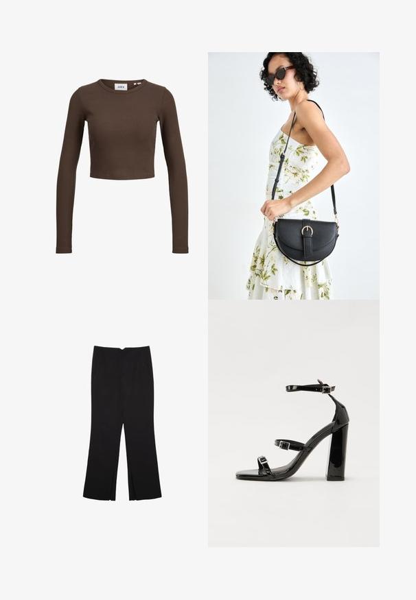 Braunes geripptes langärmliges Crop-Top mit Rundhalsausschnitt. Der Stoff ist glatt und hat einen figurbetonten Schnitt, mit minimaler Markenkennzeichnung auf dem Innenetikett.; Schwarze Hose mit geradem Schnitt, ausgestattet mit Fronttaschen und Seitenschlitzen am Saum. Hergestellt aus weichem, glattem Stoff. Geeignet für verschiedene Anlässe.; Schwarze Lackleder-Sandalen mit hohen Absätzen, zwei Riemen mit Schnallen, quadratischer Zehenpartie und klobigem Blockabsatz, mit einer glatten, glänzenden Textur.; Schwarze Lederhandtasche mit geschwungener Form, abnehmbarem Tragegurt und goldenen Beschlägen. Die Tasche verfügt über einen Deckel mit einer Schnallen-Details.