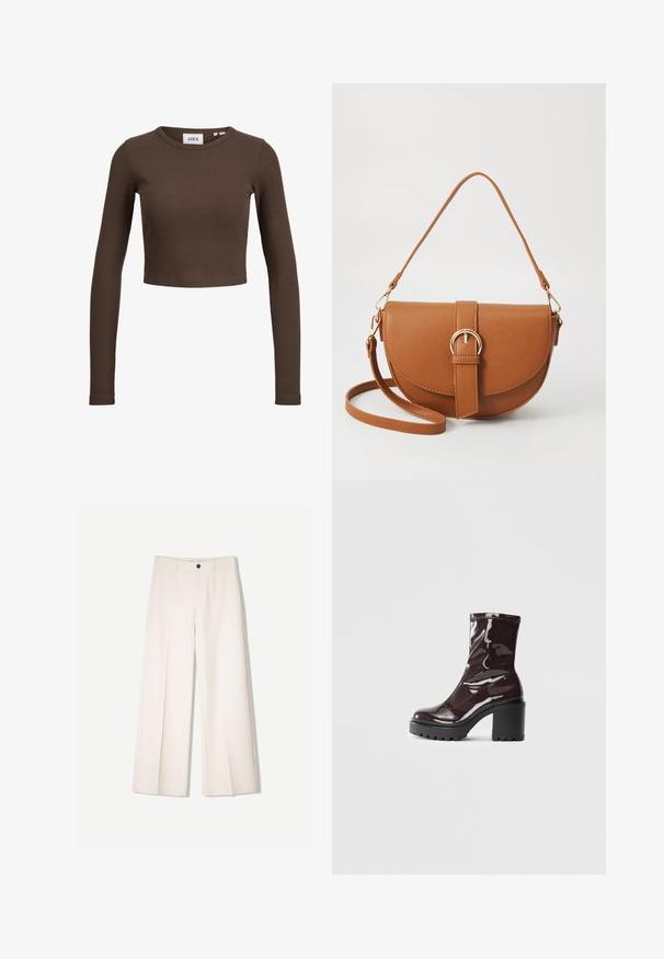 Top cropped lung cu maneci lungi, de culoare maro, cu decolteu rotund. Materialul este neted, având un design ajustat, cu branding minim pe eticheta interioară.; Pantaloni largi de culoare crem, cu un design croit, având două buzunare la față și o închidere cu un singur nasture în față, realizați dintr-un material neted.; Botine lucioase burgundy, cu toc gros negru, având o textură netedă și un design simplu. Fără închideri sau modele vizibile.; Geantă din piele maro, tip crossbody, cu o formă curbată, accesorii aurii și un accent cu cataramă. Dispune de un curea de umăr detașabilă.