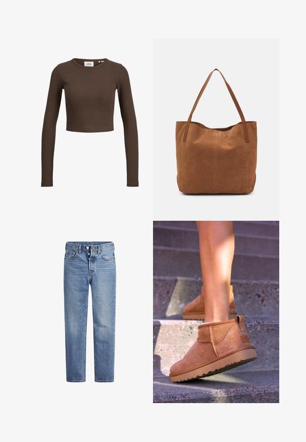 Pruuni ribaga pikkade varrukatega lühike topp ümmarguse kaelusega. Kangas on sile, keha lähedase lõikega, sisaldab minimaalset brändimist sisetikandil.; Heled sinised teksad sirge lõikega, viie tasku disainiga ja nööpidega kinni. Omavad kerget pleekimist ja oranže õmblusi.; Kergedest nahast pahklu ботинки pehme tekstuuriga, õmmeldud detailide ja kummist tallaga, millel on sanga kand kergesti selga panemiseks.; Pruun nubukist kott kahe pika sangaga, millel on sile tekstuur, lihtne disain ja nähtavad riistvara või aksessuaarid puuduvad.