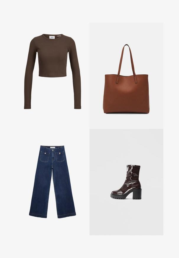 Rjav rebrast dolg rokav crop top z okroglim izrezom. Tkanina je gladka s prileganjem, z minimalnim logotipom na notranji etiketi.; Temno modri široki jeans iz denima, z dvema sprednjima žepoma s dekorativnimi gumbi in ravnim robom.; Sijajan škrlatank z bleščečim videzom, z masivnim črnim peto, ki se ponaša z gladko teksturo in preprostim dizajnom. Brez vidnih zapenjal ali vzorcev.; Rjava usnjena torba z gladko teksturo, odprto zasnovo zgoraj in dvema naramnima trakovoma. Opremljena je z minimalnim šivanjem in brez vidnih kovinskih delov.