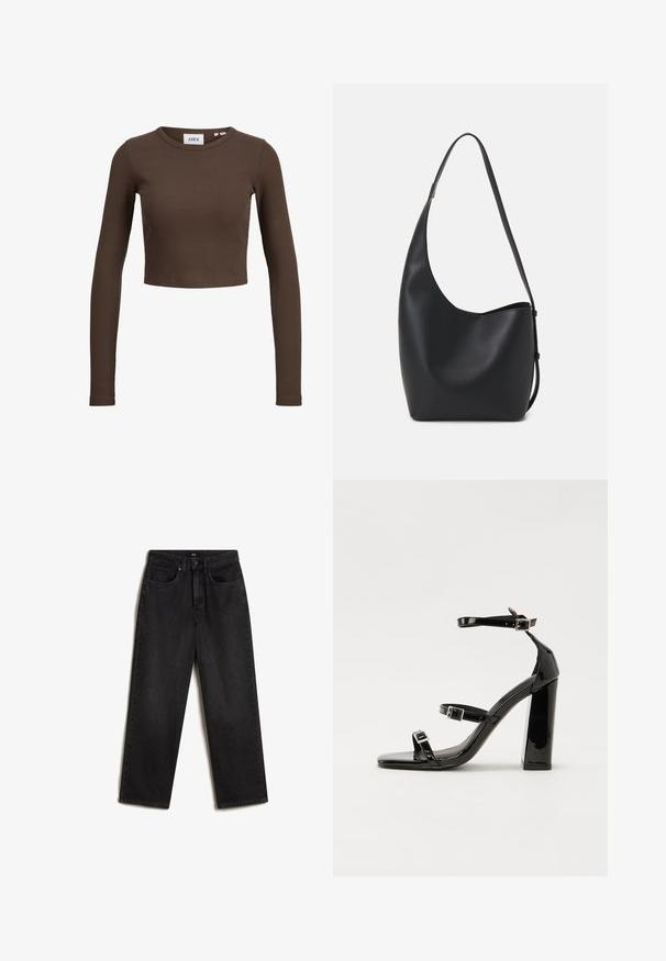 Ruskea ribattuja pitkähihainen crop-top, jossa on pyöreä pääntie. Kangas on sileä ja tiukka malli, jossa on minimaalinen brändäys sisäisessä tarrassa.; Vans SIRELLE POCKET PUDDLE - Relaxed fit -farkut - black; Musta kiiltävä korkokenkä sandaalit neliönmuotoisella varpaalla, nilkkaremmillä ja hopeisilla soljilla. Varustettu tukevalla lohkokorkealla vakauden takaamiseksi.; Musta nahkainen hobo-laukku, jossa on sileä pinta, kaareva muoto ja yksi säädettävä olkahihna; sisäänkäynti on leveä ylhäältä.