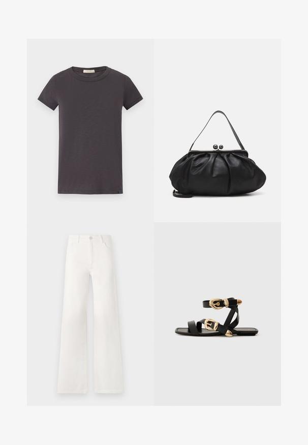 rag & bone THE SLUB - T-shirt basic - greystone; Jeans bianchi a vita alta e gamba larga realizzati in denim. Presentano una chiusura con bottone, due tasche anteriori e cuciture decorative nei lati.; Sandali neri in pelle con dettagli in oro, caratterizzati da più cinghie e una suola piatta per un design open-toe.; Borsa a mano in pelle nera con un design arrotondato e plissettato. Presenta una chiusura metallica con due palline decorative e una tracolla sottile e removibile.